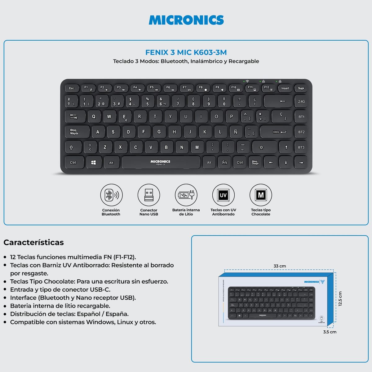 MICRONICS - Teclado Multimedia Bluetooth Recargable Micronics Fenix 3-Mic K603-3M