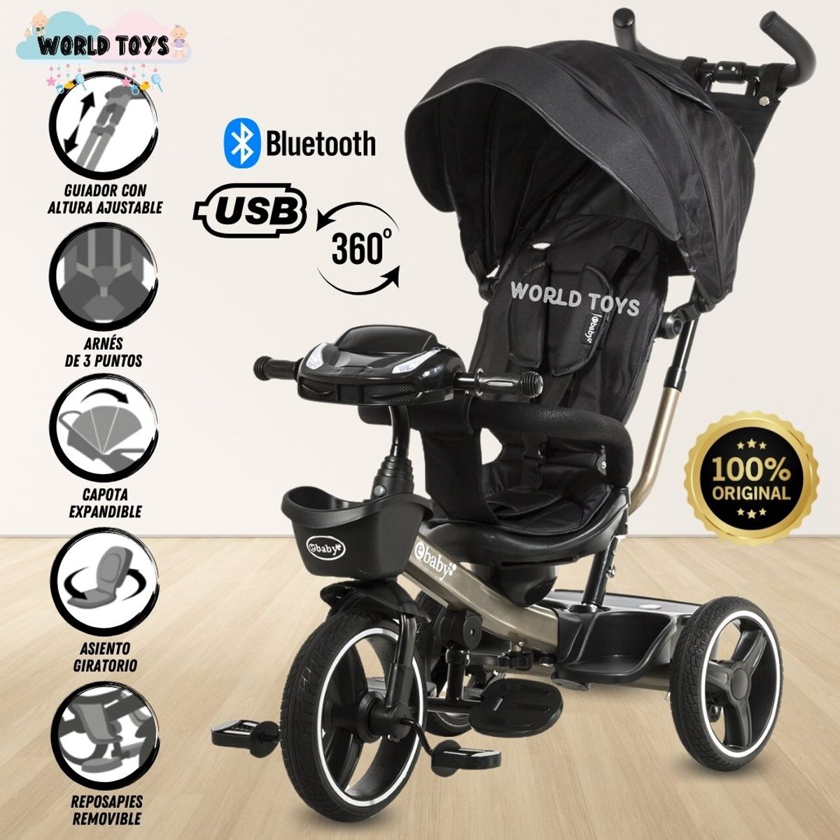 BABY - Triciclo Reclinable «AUCKLAND» Edición Limitada Black