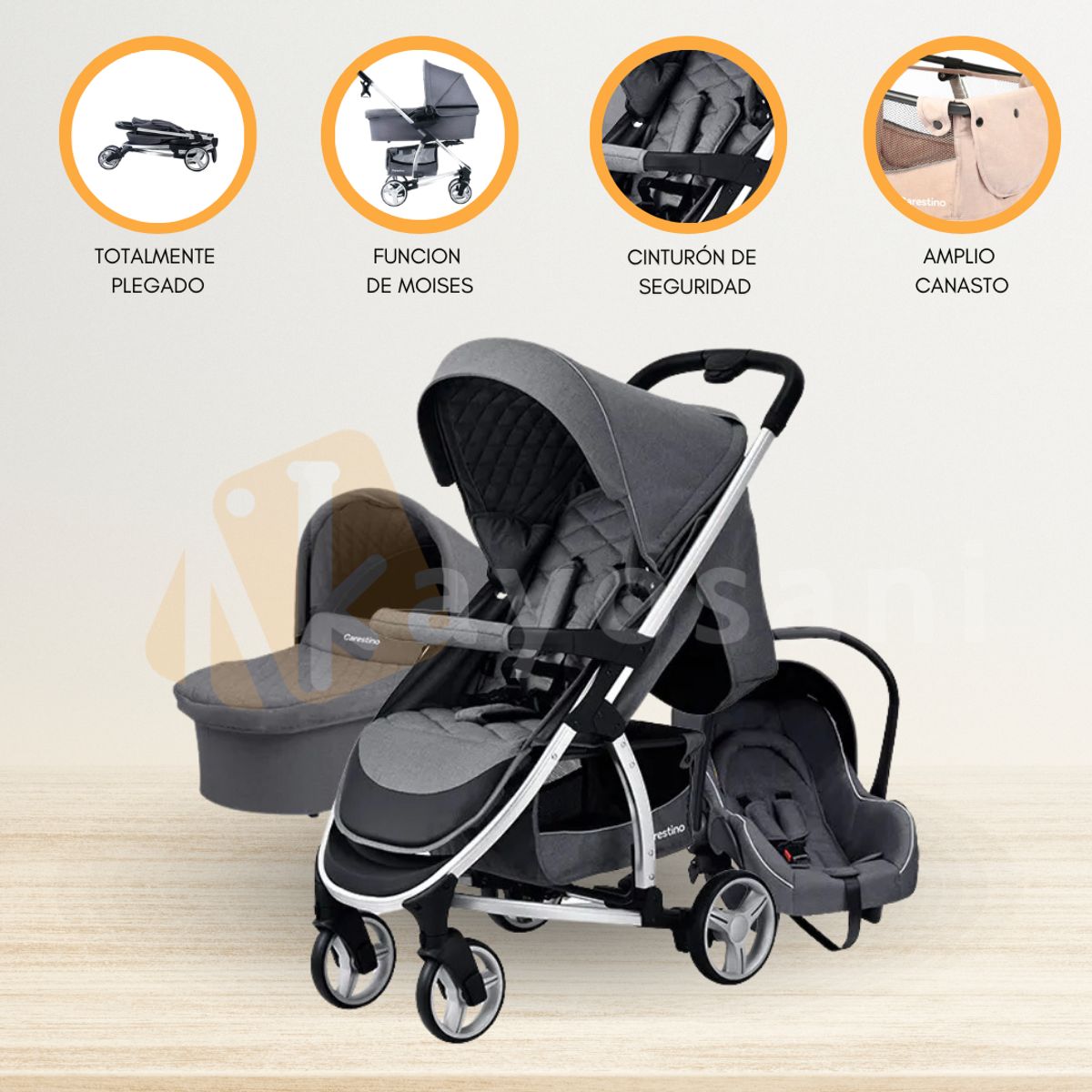 CARESTINO - Coche de Paseo con Accesorios «LONDON» Gris