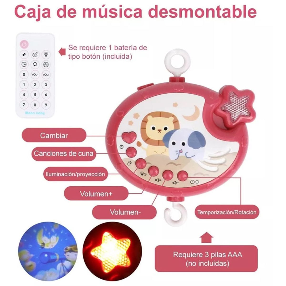 GENERICO - Móvil Para Cuna León con Proyector y Control Remoto Rojo