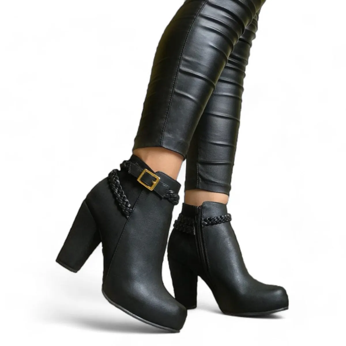 GENERICO - Taco Mujer Tira Diagonal Trenzadas 2086L-68 Color Negro