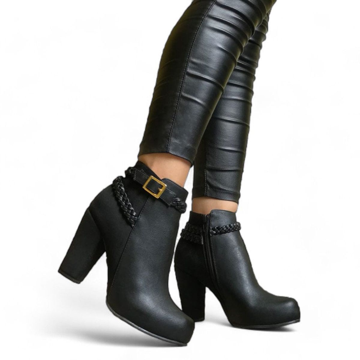 GENERICO - Taco Mujer Tira Diagonal Trenzadas 2086L-68 Color Negro