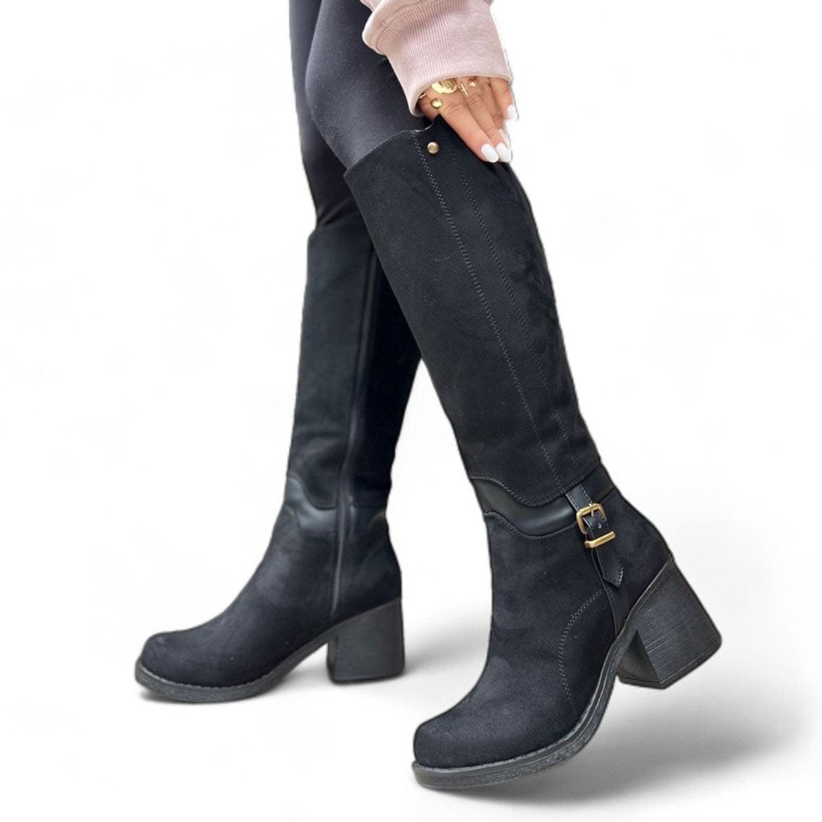 GENERICO - Bota Mujer Hebilla Y Cremallera Gamuza Taco 7 2086L-70 Color Negro