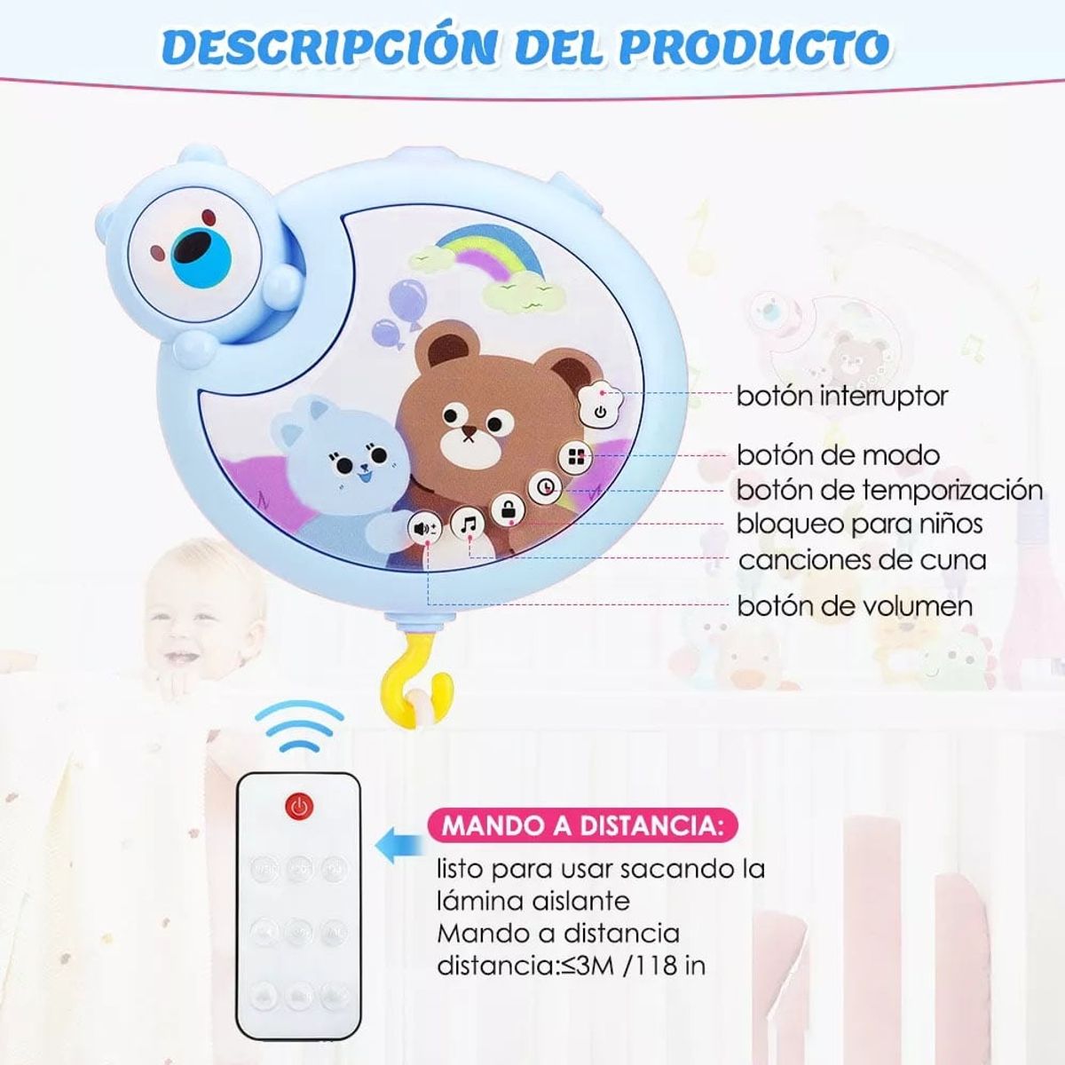 GENERICO - Móvil Para Cuna Osito con Proyector y Control Remoto Celeste