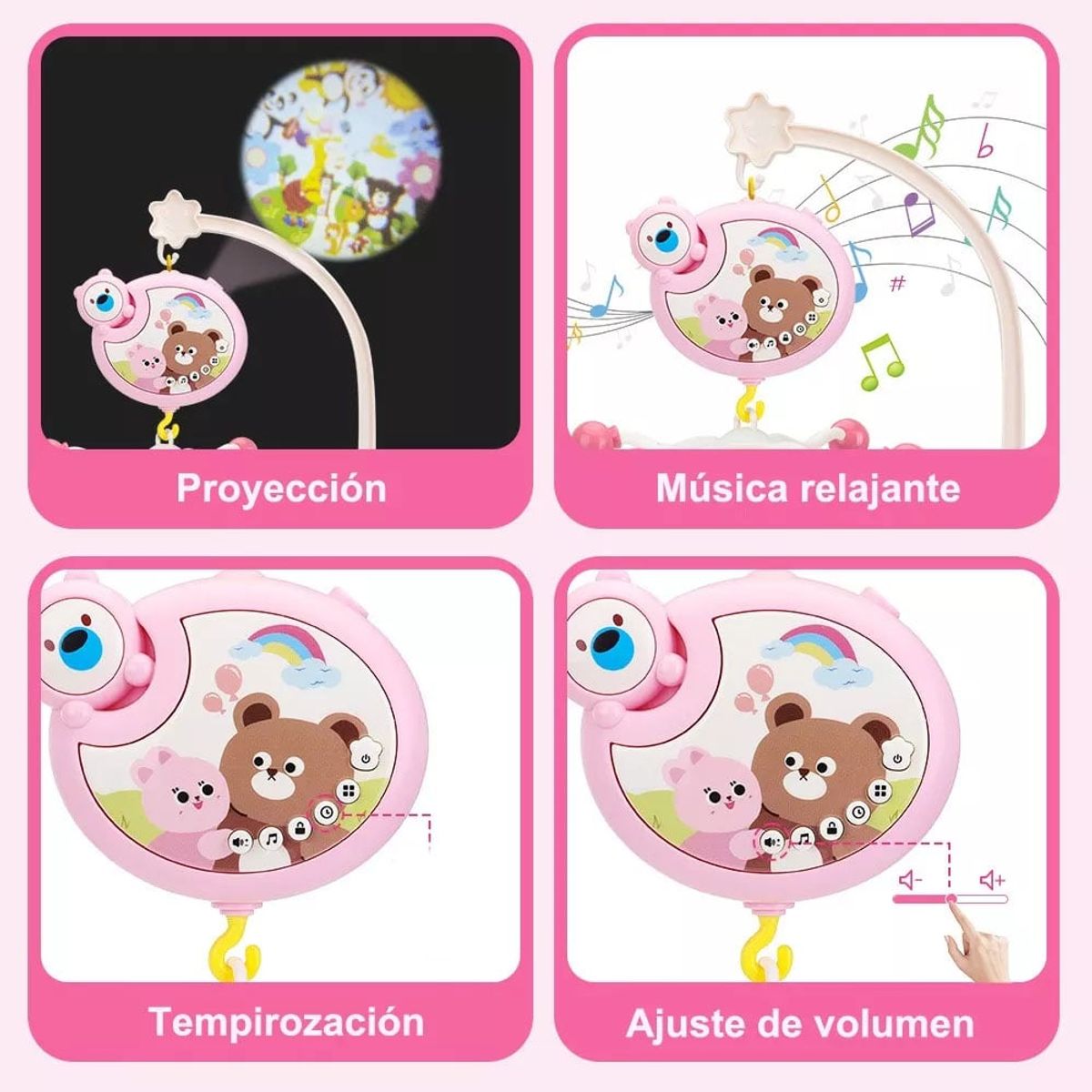 GENERICO - Móvil Para Cuna Osito con Proyector y Control Remoto Rosado