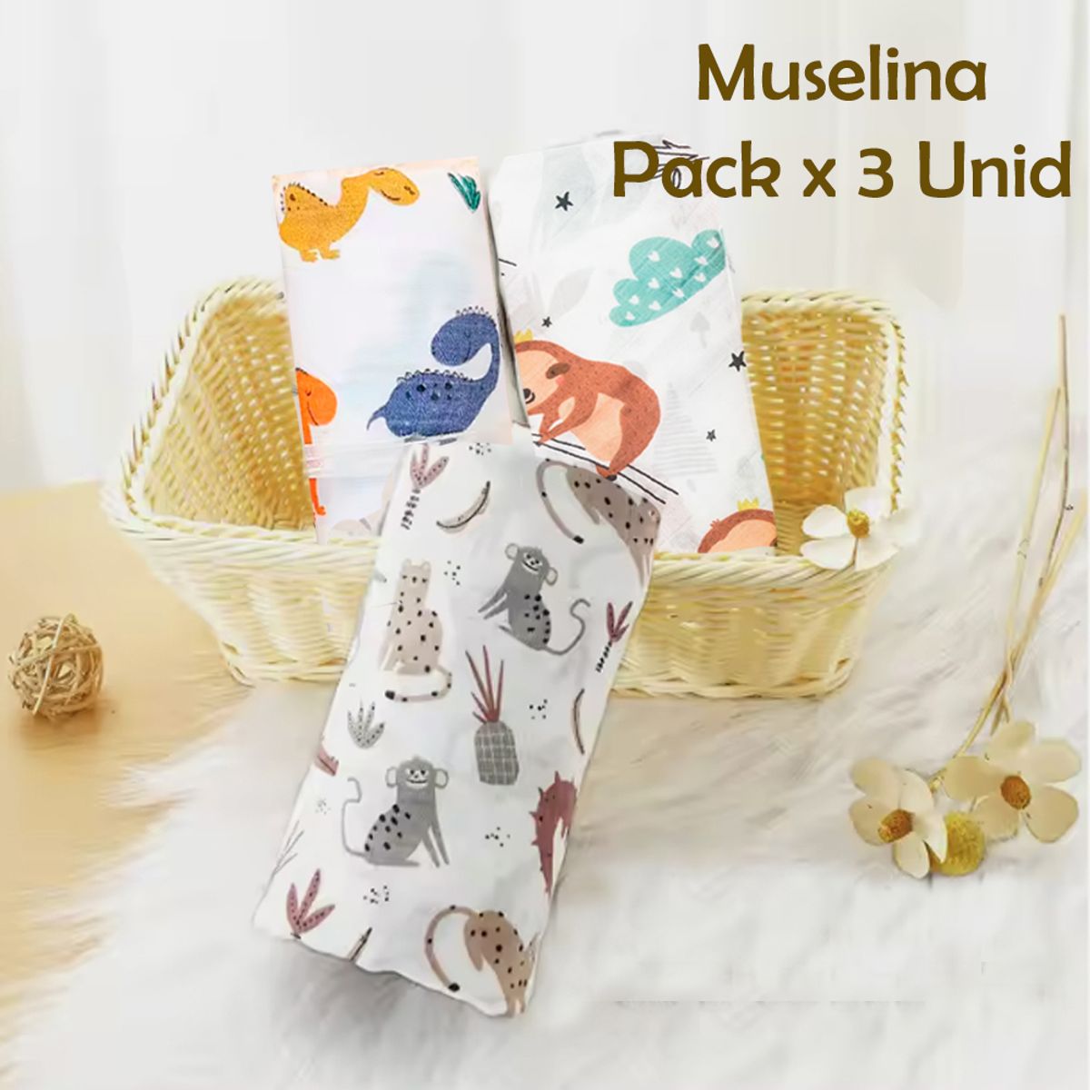 GENERICO - Manta Muselina para Bebé Algodón y Bambú Pack x  3 Unidades