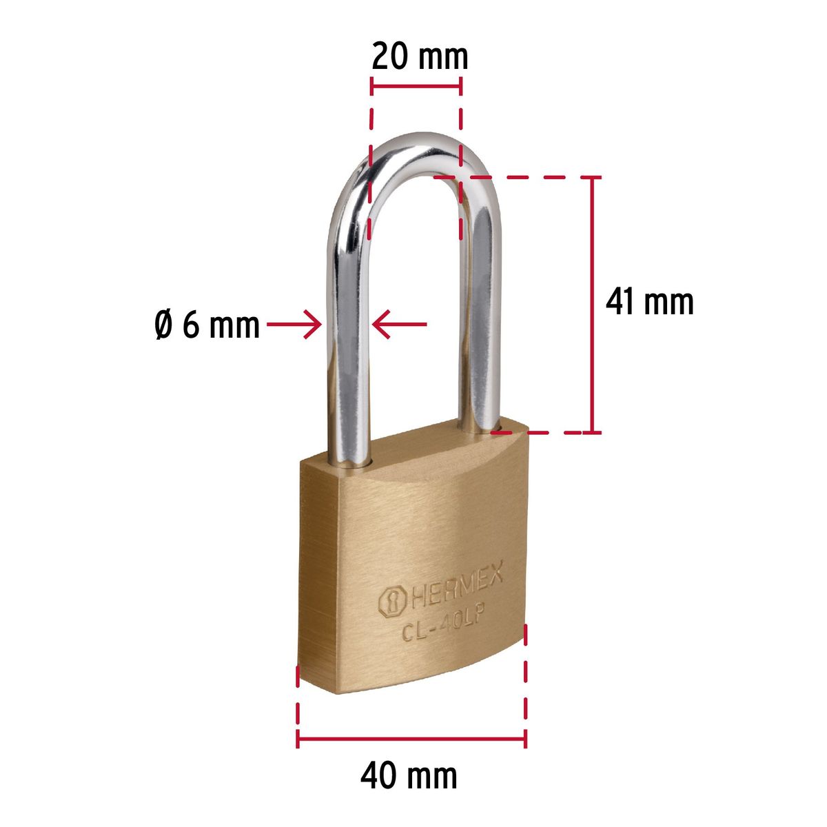 HERMEX - Candado 40mm Arco Largo Laton Solido 23517 Hermex