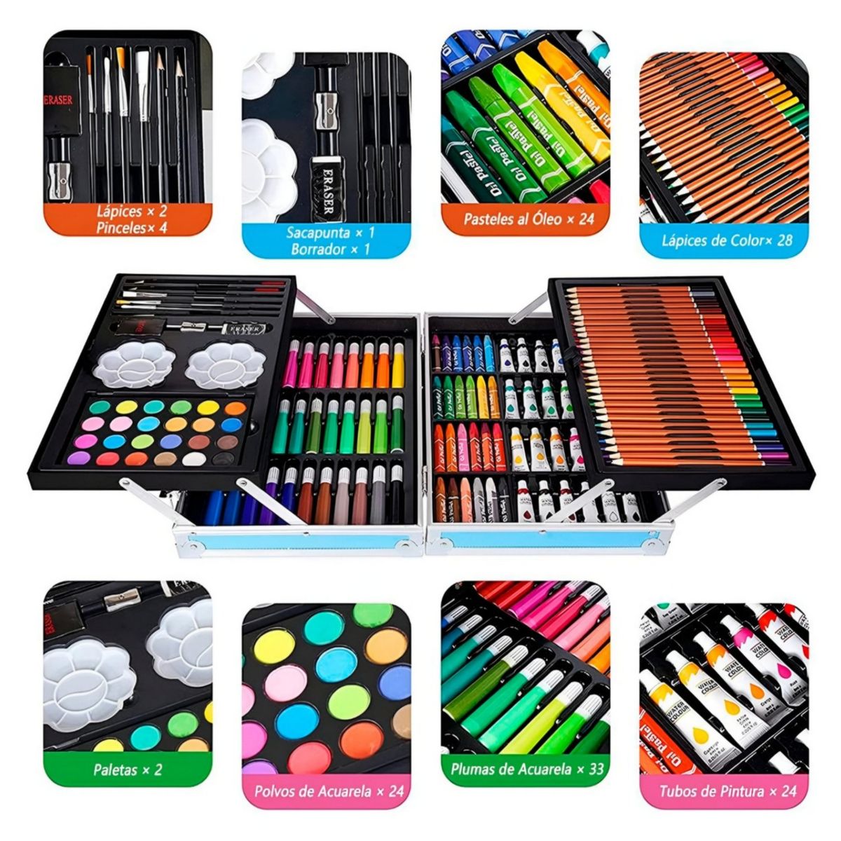 GENERICO - Set de Arte Maleta de Aluminio 145 Piezas carrro