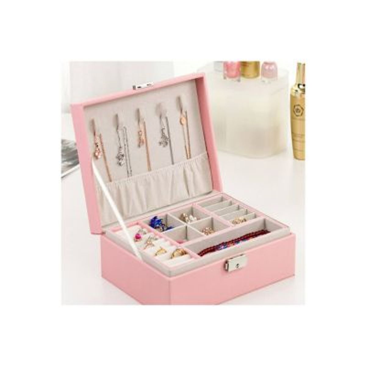 GENERICO - Joyero Cofre Portátil de Cuero Caja Organizadora de Joyas 2 Pisos en 1