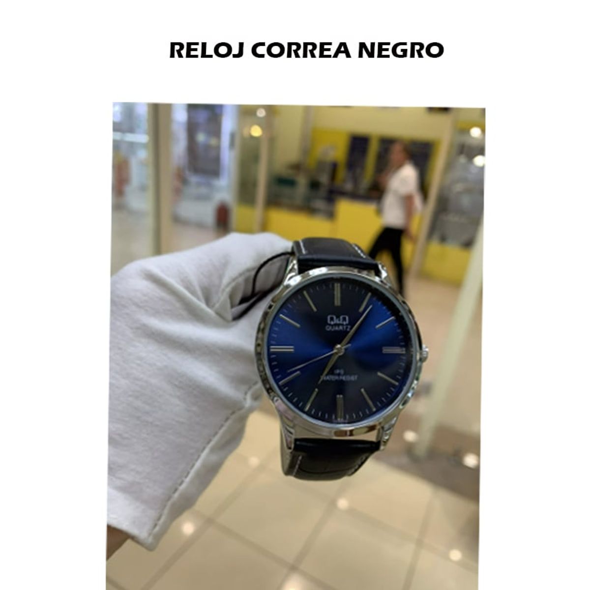 Q&Q - RELOJ HOMBRE CUERO NEGRO MARCA QQ FONDO AZUL