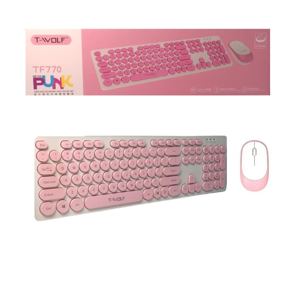 GENERICO - Kit Teclado y Mouse Inalmabrico Pc Laptop Adaptador USB  Rosado Blanco