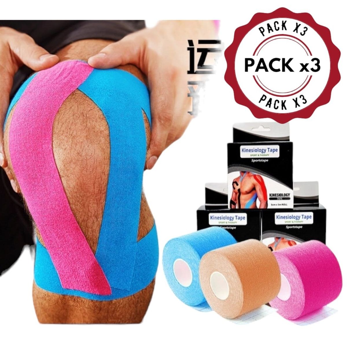 OEM - Pack 03 Cintas Adhesiva Deportiva Elástica Kinesiologa