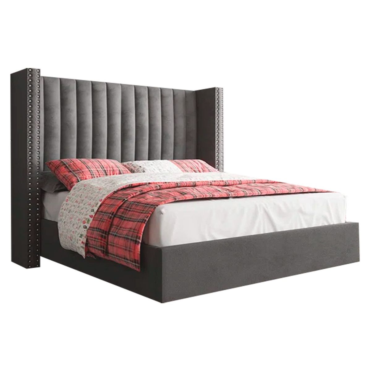 GENERICO - Cama Tapizada Listón con Tachuelas 1.5 Plz Gris Oscuro