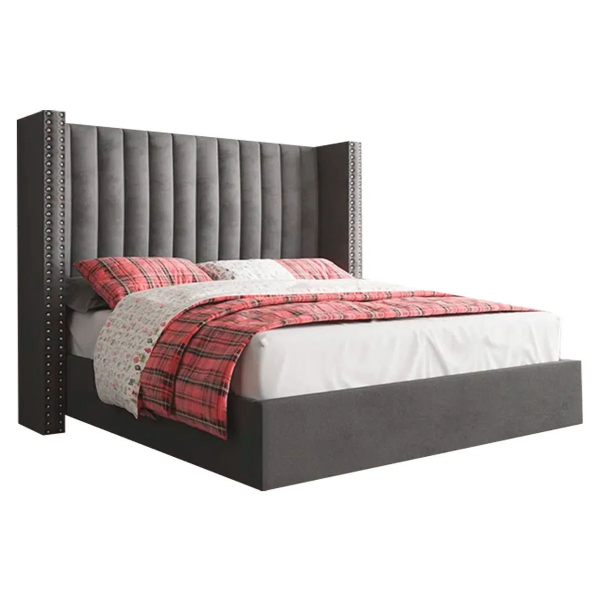 GENERICO - Cama Tapizada Listón con Tachuelas 2 Plazas Gris Oscuro