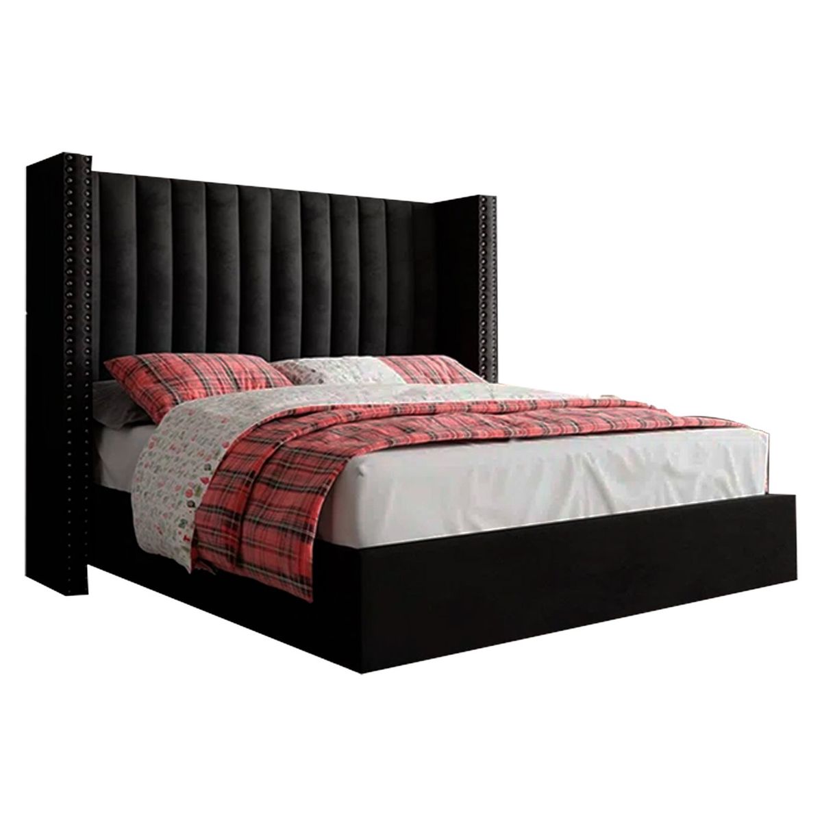 GENERICO - Cama Tapizada Listón con Tachuelas 2 Plazas Negro