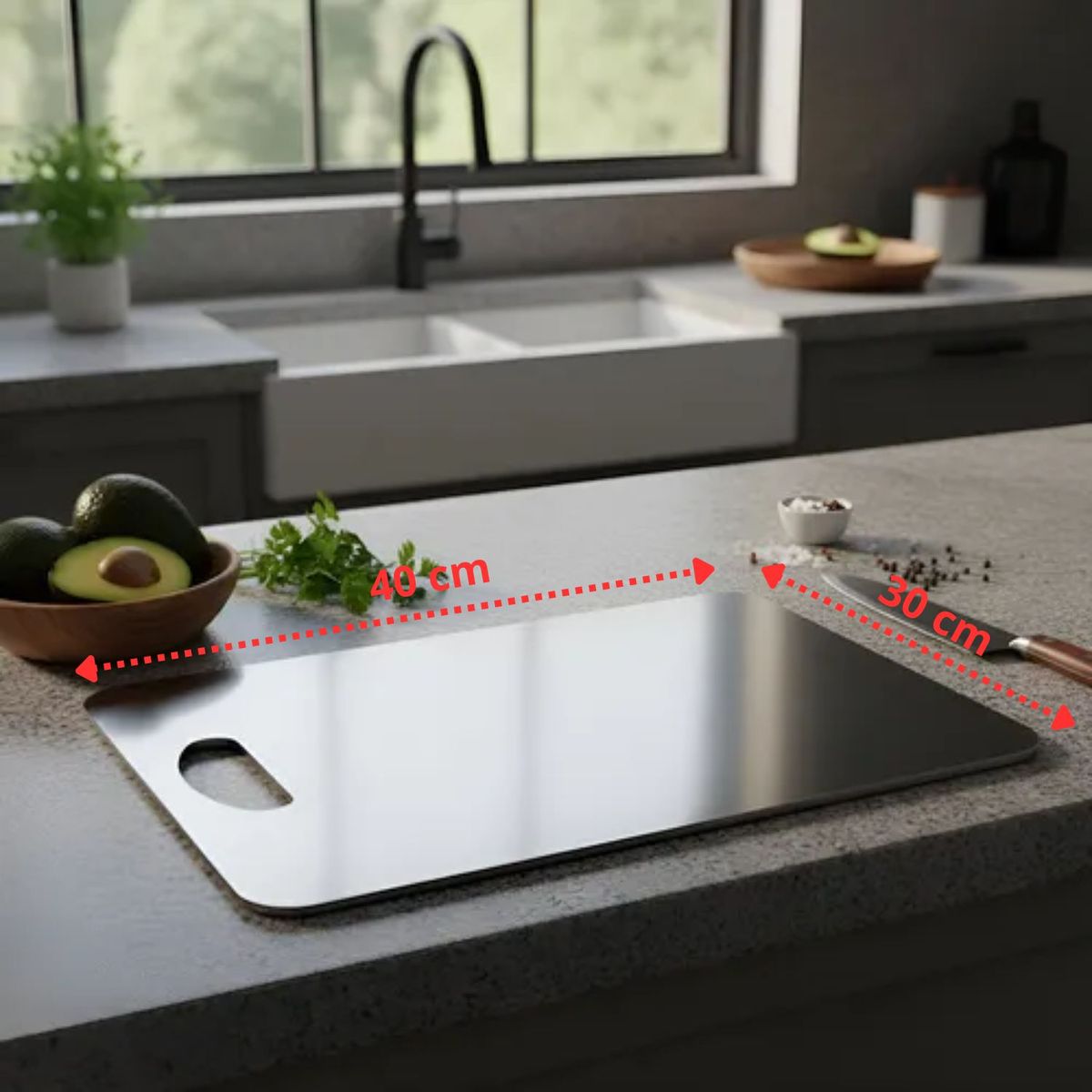 GENERICO - Tabla de picar en acero inoxidable 40cm x 30 cm, espesor 1.2 mm