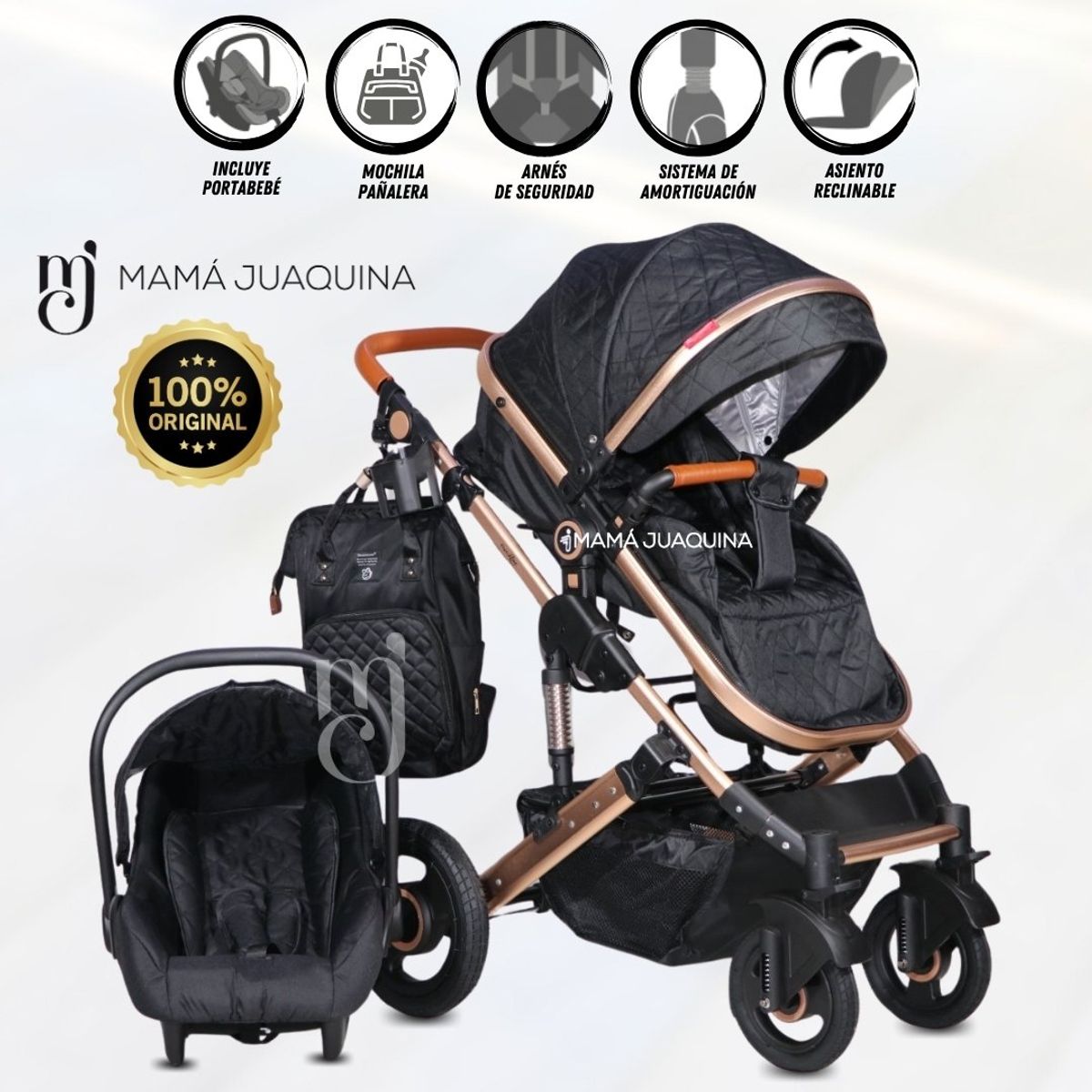 BABY - Coche Moisés Travel System «LIETTI GOLD» Porta Bebé Black