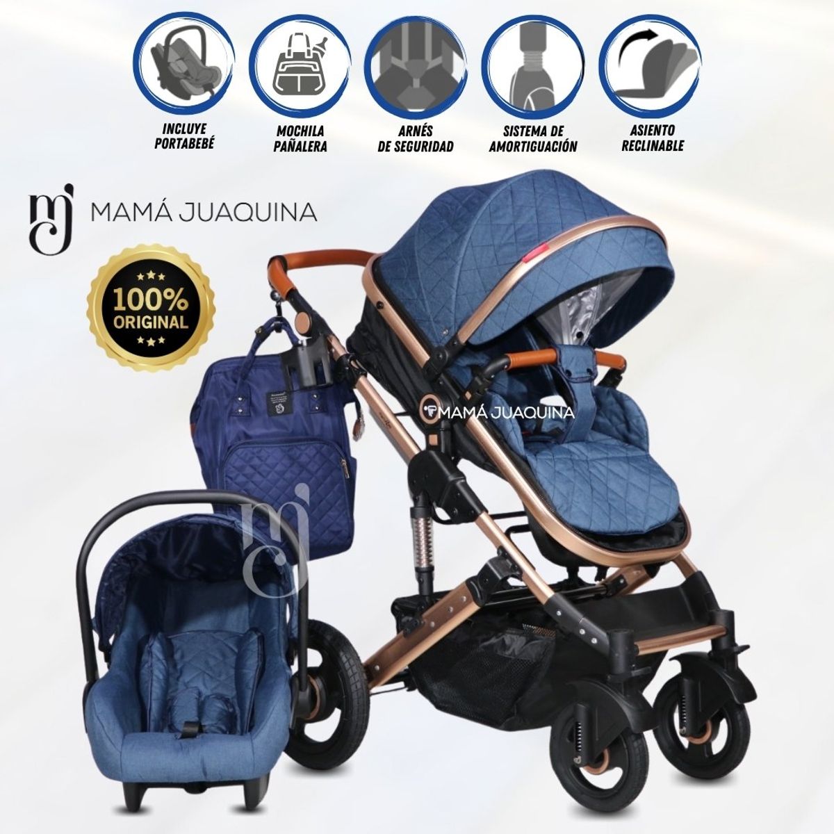 BABY - Coche Moisés Travel System «LIETTI GOLD» Porta Bebé Blue