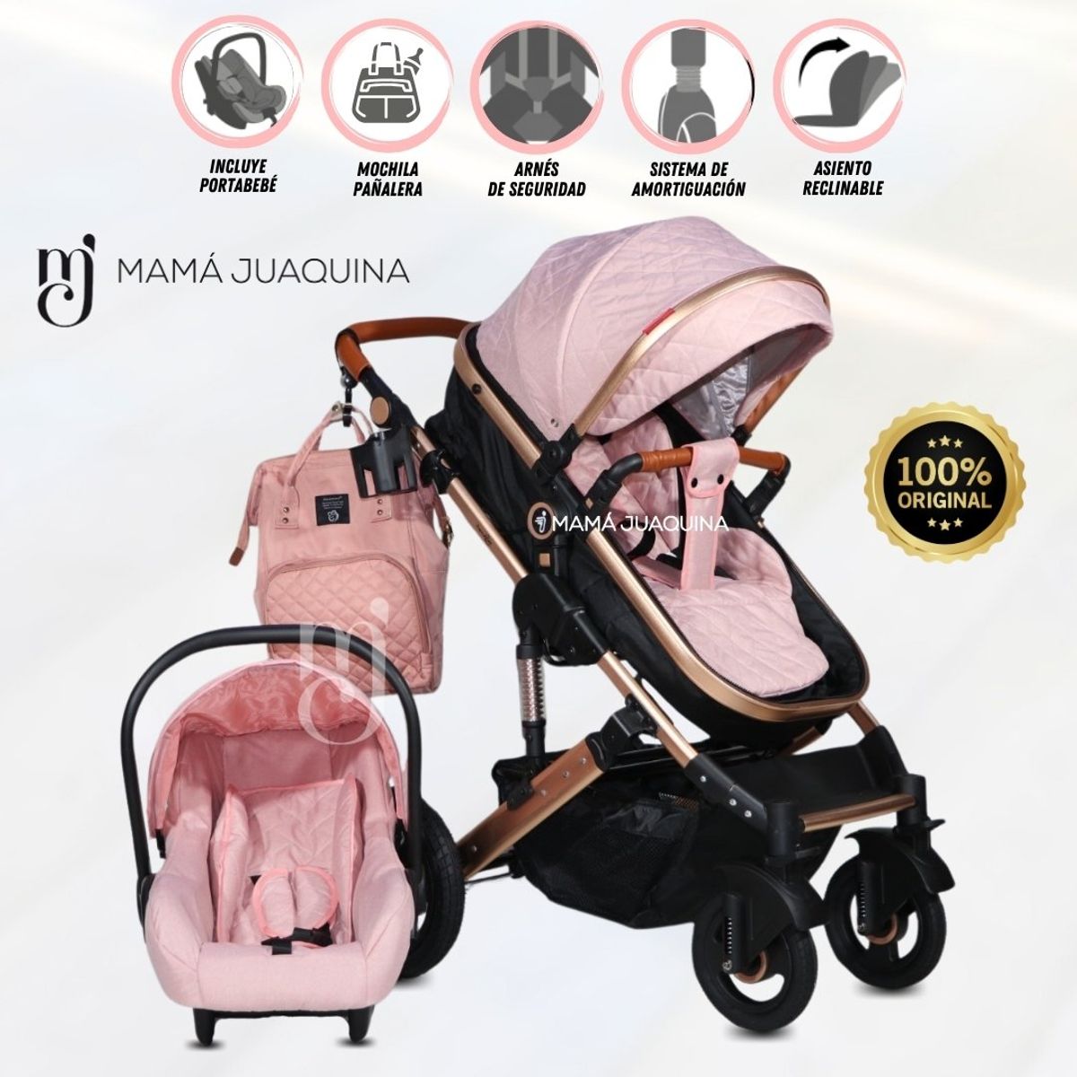 BABY - Coche Moisés Travel System «LIETTI GOLD» Porta Bebé Pink