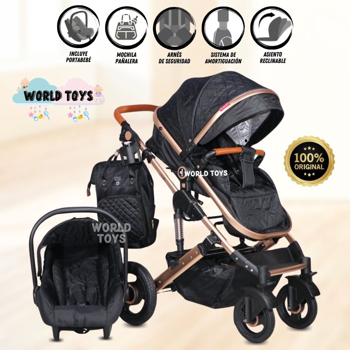 BABY - Coche Moisés Mini 4 en 1 «LIETTI GOLD» con Portabebé Black