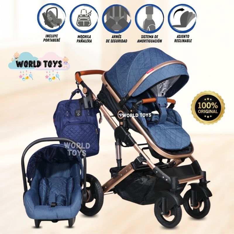 BABY - Coche Moisés Mini 4 en 1 «LIETTI GOLD» con Portabebé Blue