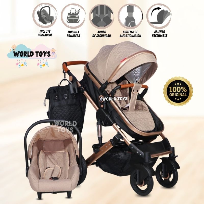 BABY - Coche Moisés Mini 4 en 1 «LIETTI GOLD» con Portabebé Beige