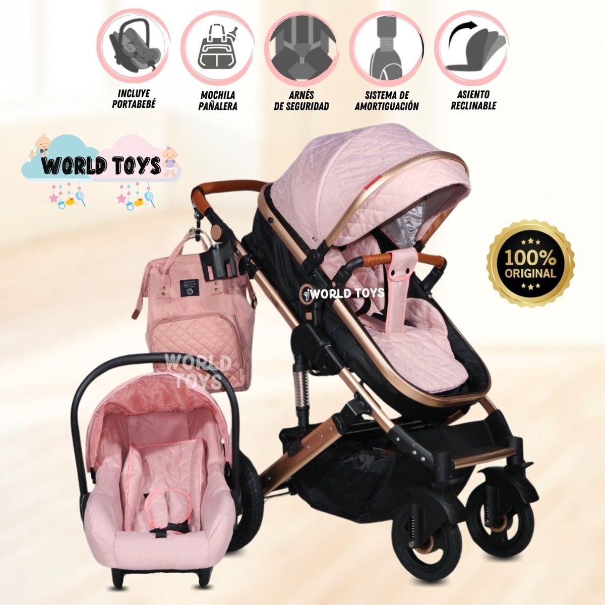 BABY - Coche Moisés Mini 4 en 1 «LIETTI GOLD» con Portabebé Pink