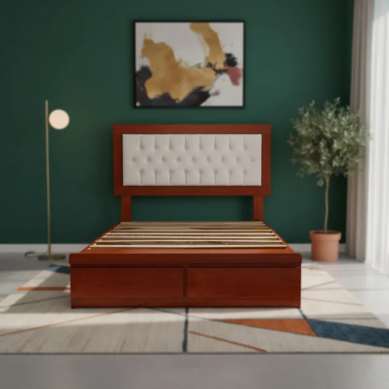 MUEBLES MACRUMO - Cama de madera + cabecera capitoneada 2 plz