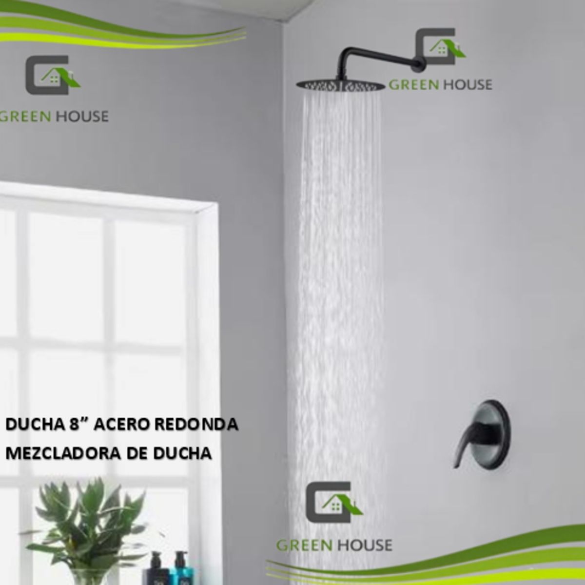 GREEN HOUSE - JUEGO DE DUCHA 8 PULGADAS ACERO REDONDO + MEZCLADORA REDONDA