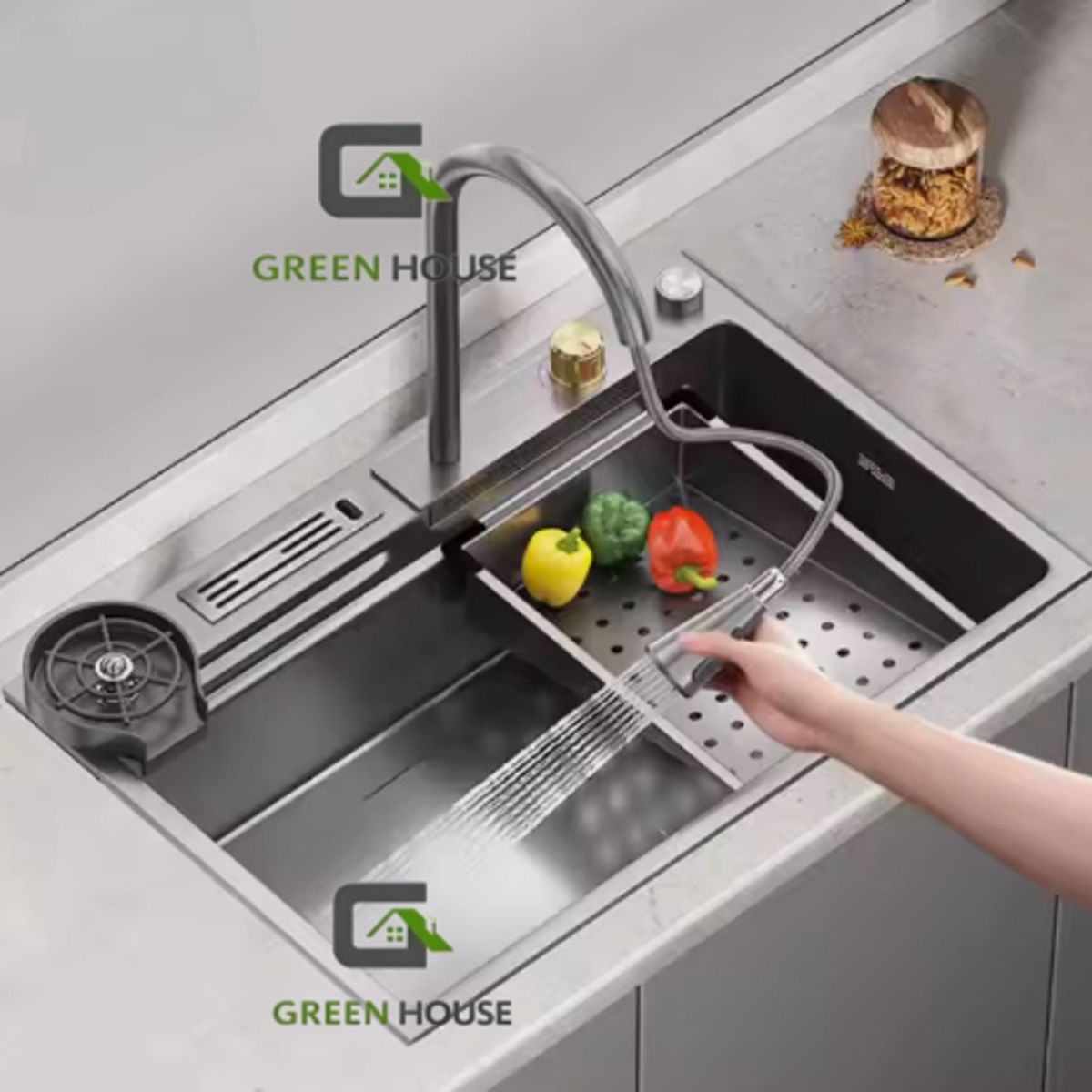 GREEN HOUSE - LAVADERO MULTIFUNCIONAL  PORTA CUCHILLO SATINADO + CONDIMENTERO  ACERO