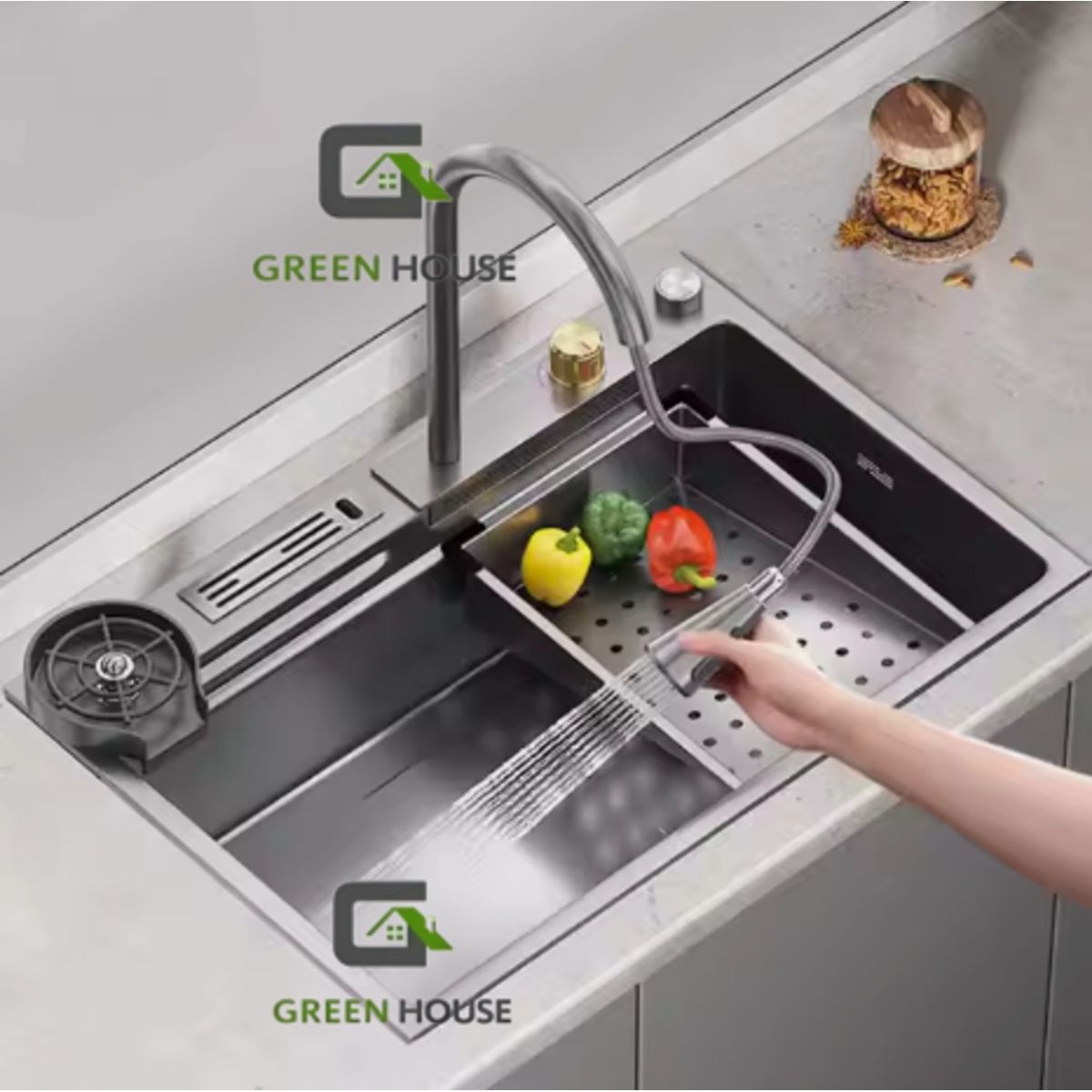 GREEN HOUSE - LAVADERO MULTIFUNCIONAL  PORTA CUCHILLO SATINADO + CONDIMENTERO  ACERO