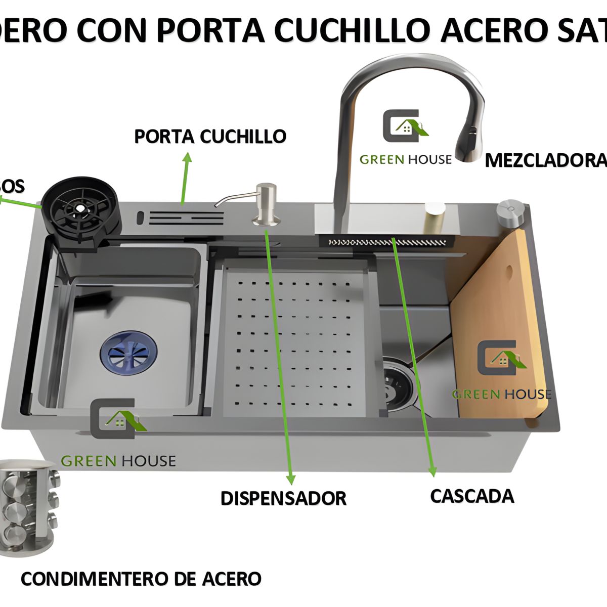 GREEN HOUSE - LAVADERO MULTIFUNCIONAL  PORTA CUCHILLO SATINADO + CONDIMENTERO  ACERO