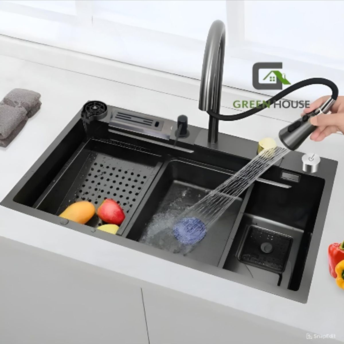 GREEN HOUSE - LAVADERO MULTIFUNCIONAL  ACERO NEGRO CON PORTA CUCHILLO