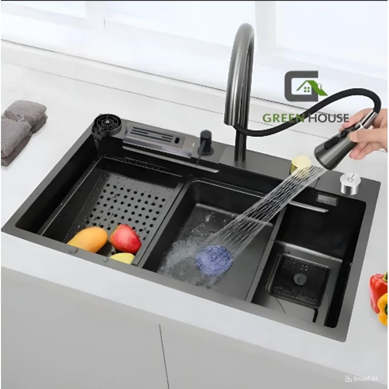 GREEN HOUSE - LAVADERO MULTIFUNCIONAL  ACERO NEGRO CON PORTA CUCHILLO