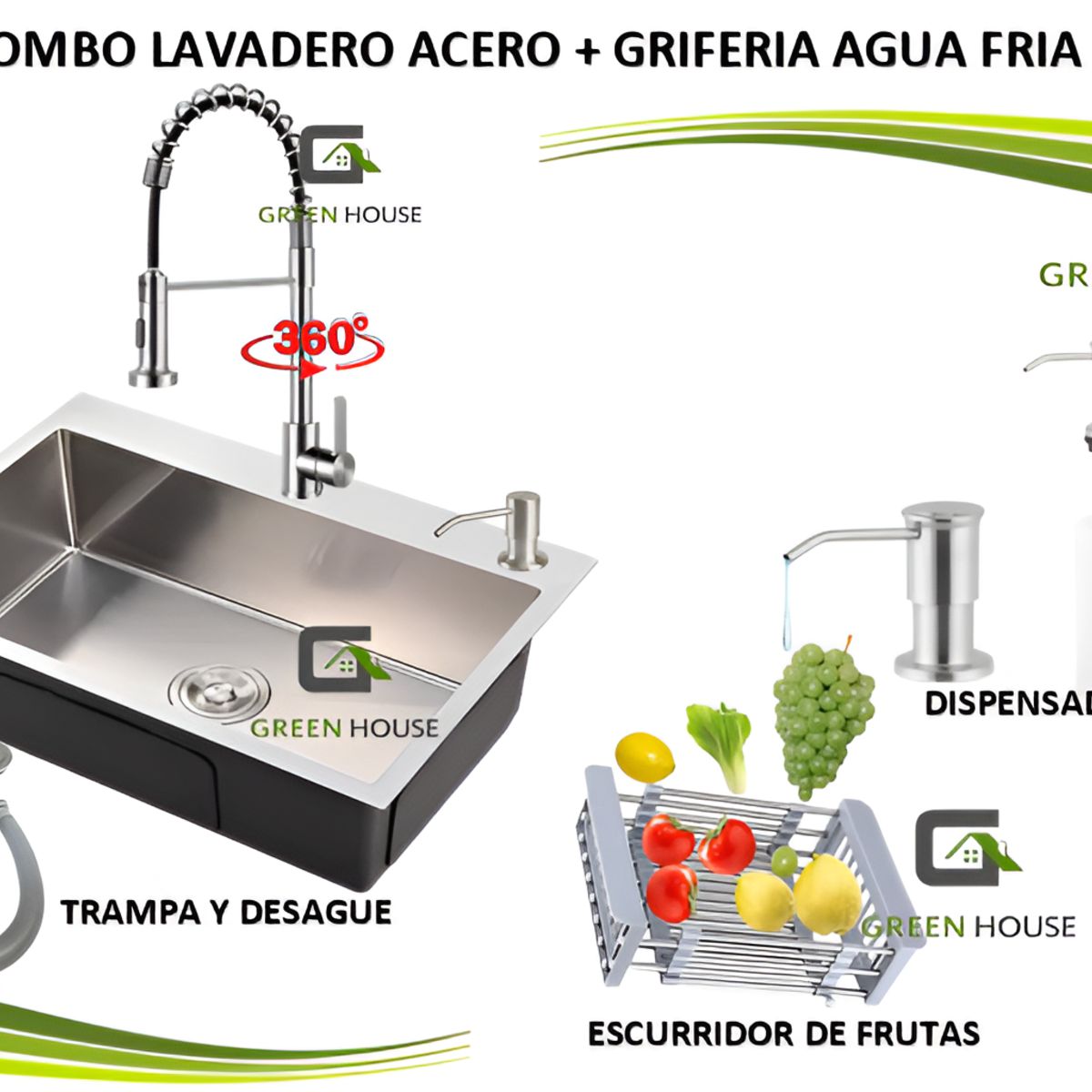 GREEN HOUSE - COMBO LAVADERO 60x45x23cm ACERO SATINADO + GRIFERIA AGUA FRIA