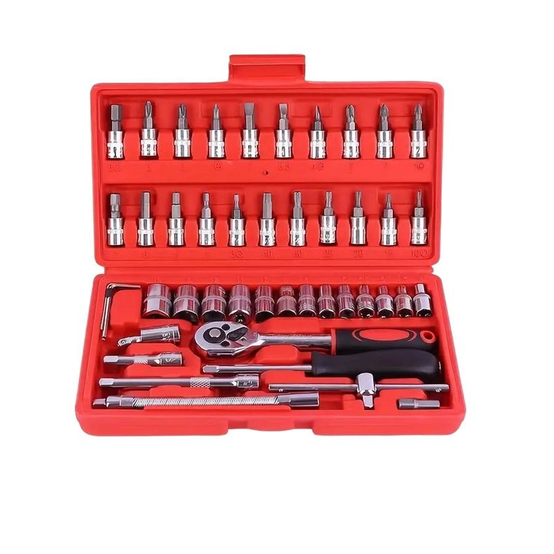 GENERICO - JUEGO KIT DE LLAVES HERRAMIENTAS DE 46 PIEZAS - ROJO