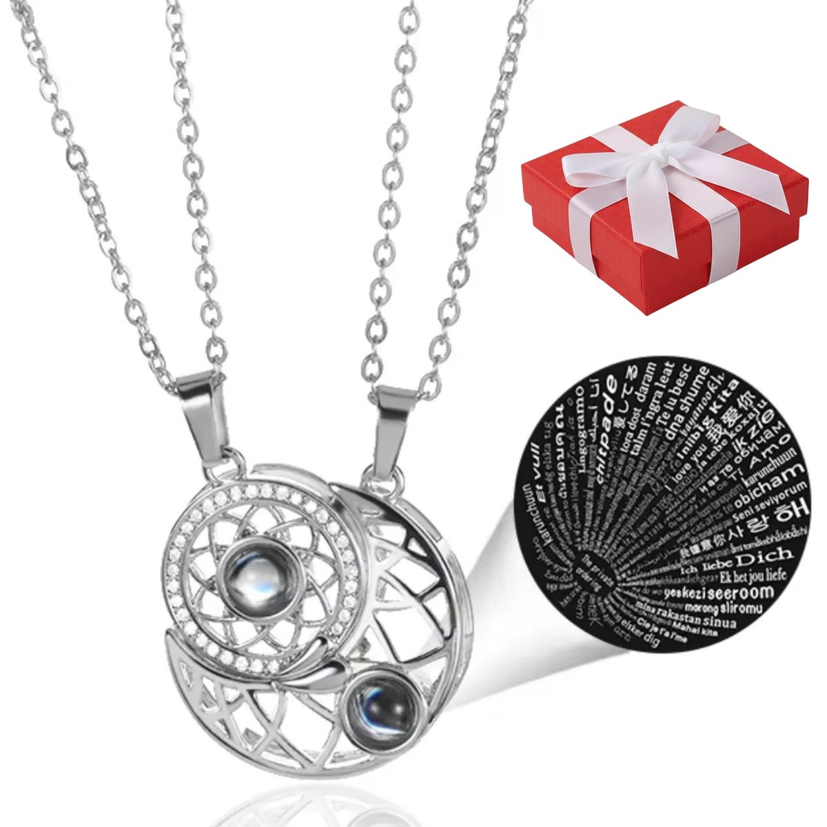 GENERICO - Collar Novios Parejas Sol Luna Te Quiero 100 Idiomas Regalo Acero