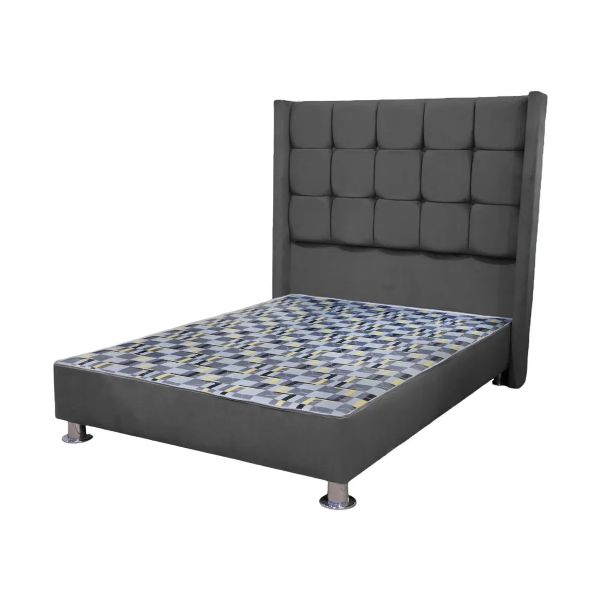 MUEBLES MACRUMO - Cama tapizada Atenas 1.5 Plz Tela Antifluido gris oscuro / Almohada