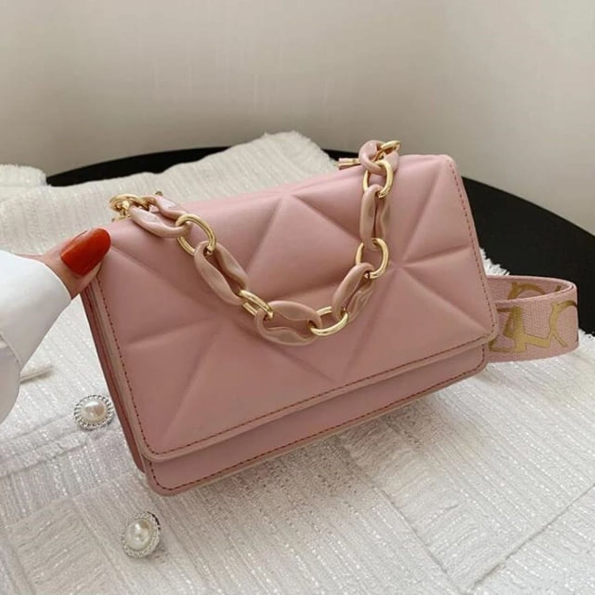 GENERICO - Cartera Bolso de Rombos Triangulares con Cadena Mod57001Rosado