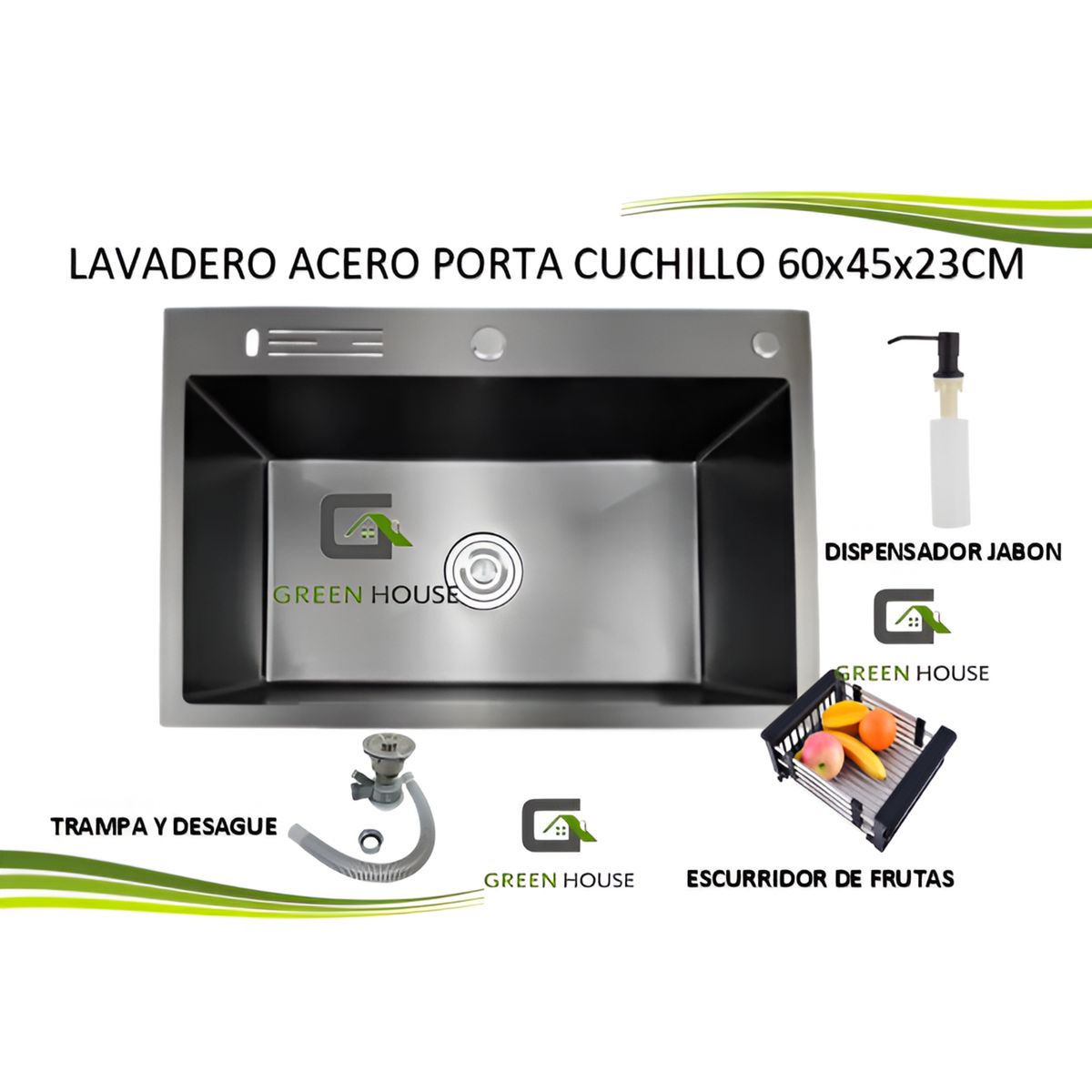 GREEN HOUSE - LAVADERO ACERO NEGRO MATE PORTA CUCHILLO  60x45x23CM