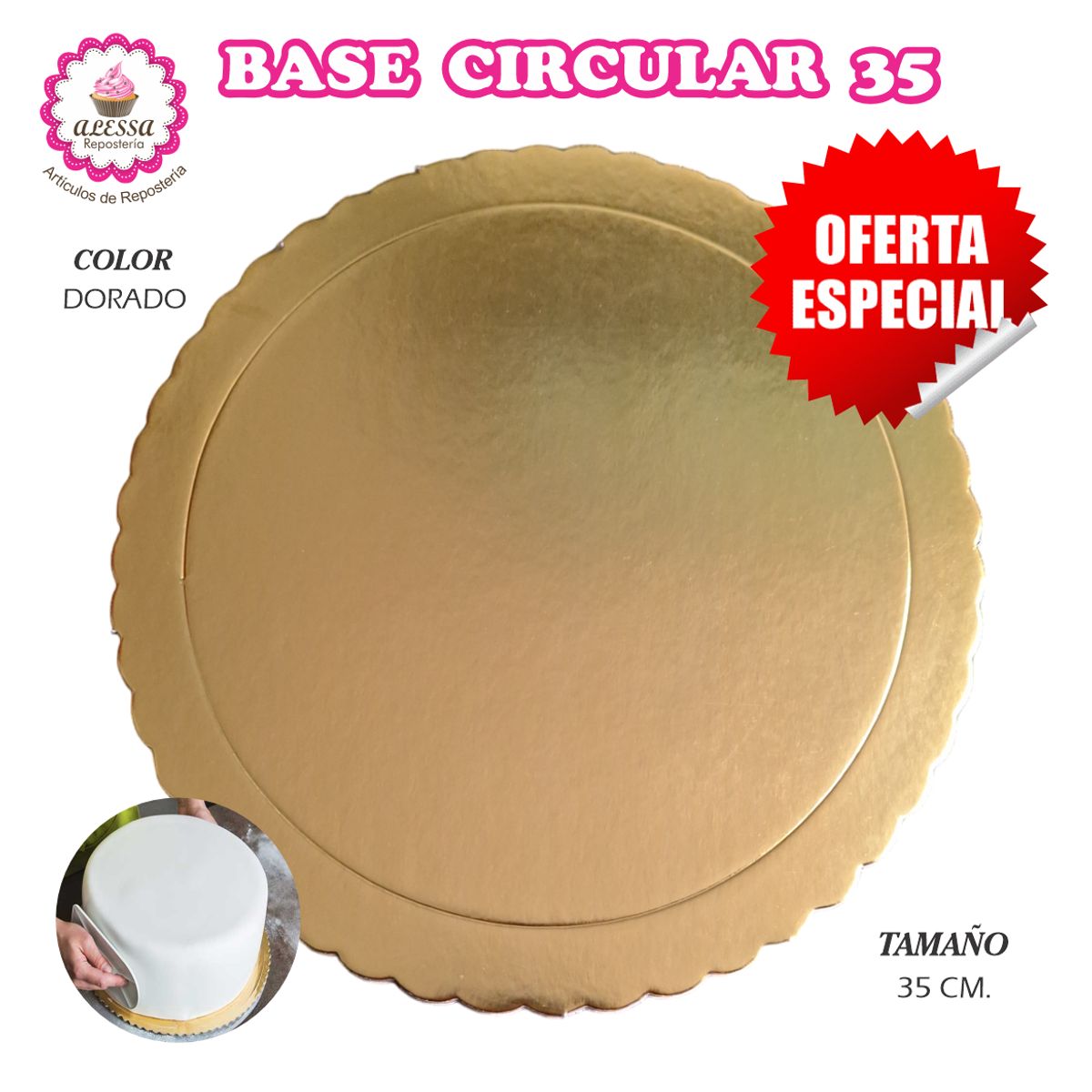 GENERICO - 50 Bases Doradas de Torta Pastel de 35 cm. para Repostería