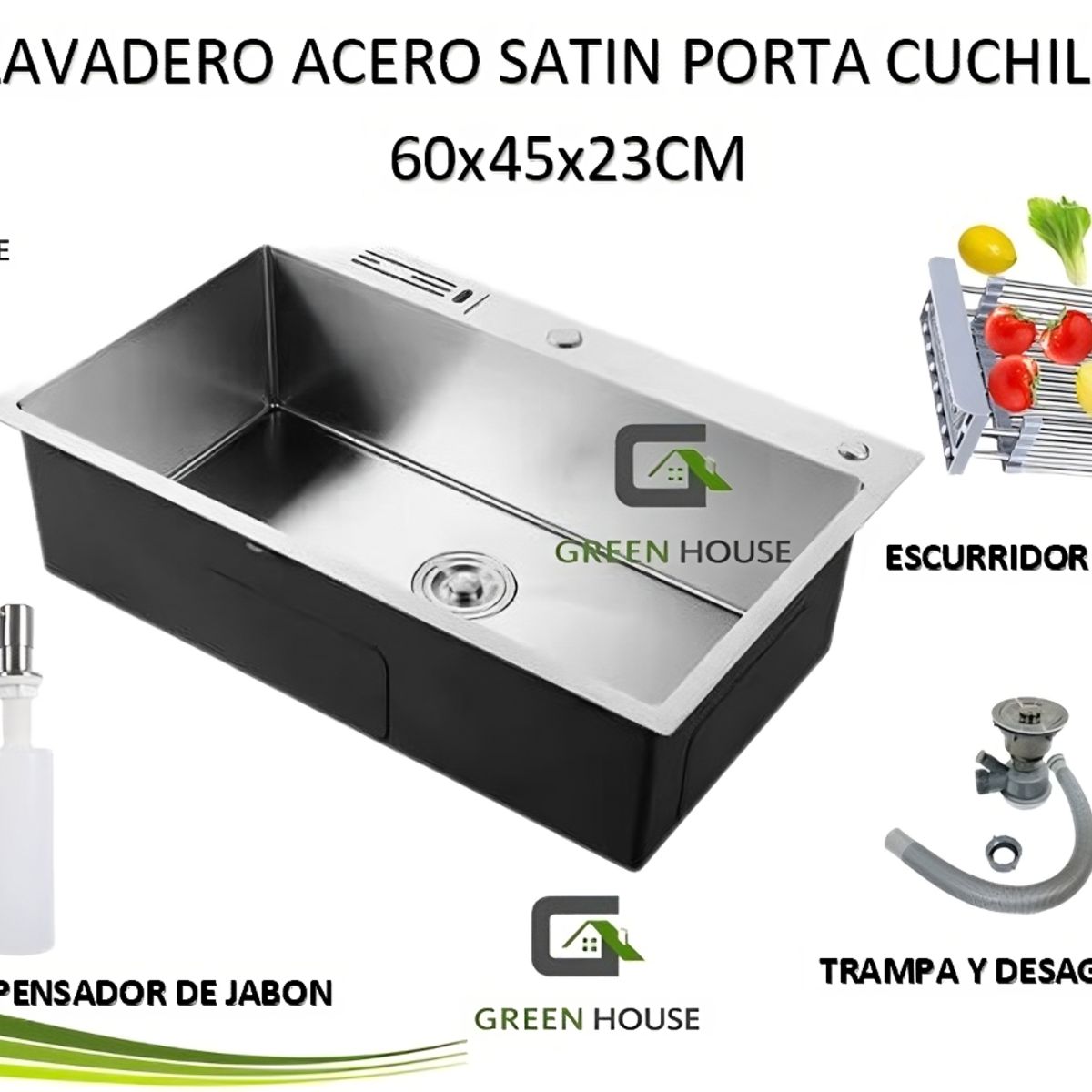 GREEN HOUSE - LAVADERO ACERO SATINADO PORTA CUCHILLO 60x45x23CM