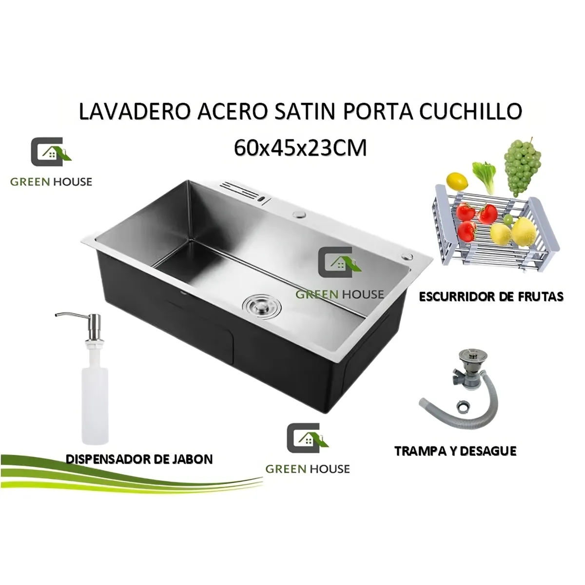 GREEN HOUSE - LAVADERO ACERO SATINADO PORTA CUCHILLO 60x45x23CM