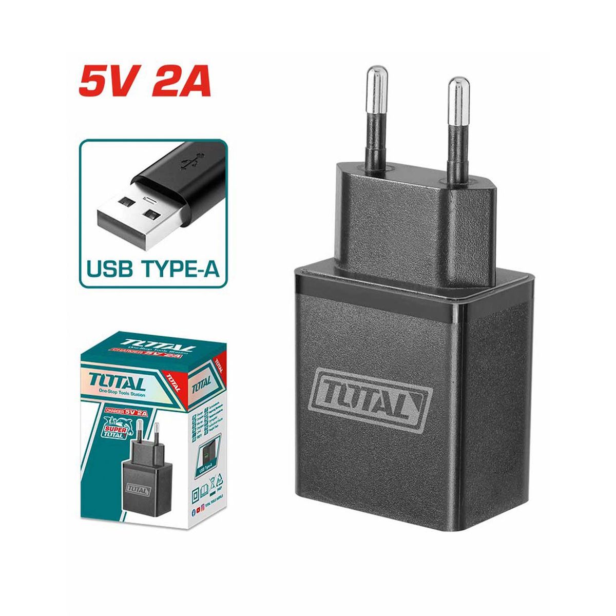 TOTAL TOOLS - CARGADOR 5V USB TIPO A CORRIENTE +CABLE TIPO C CELULAR MÓVIL