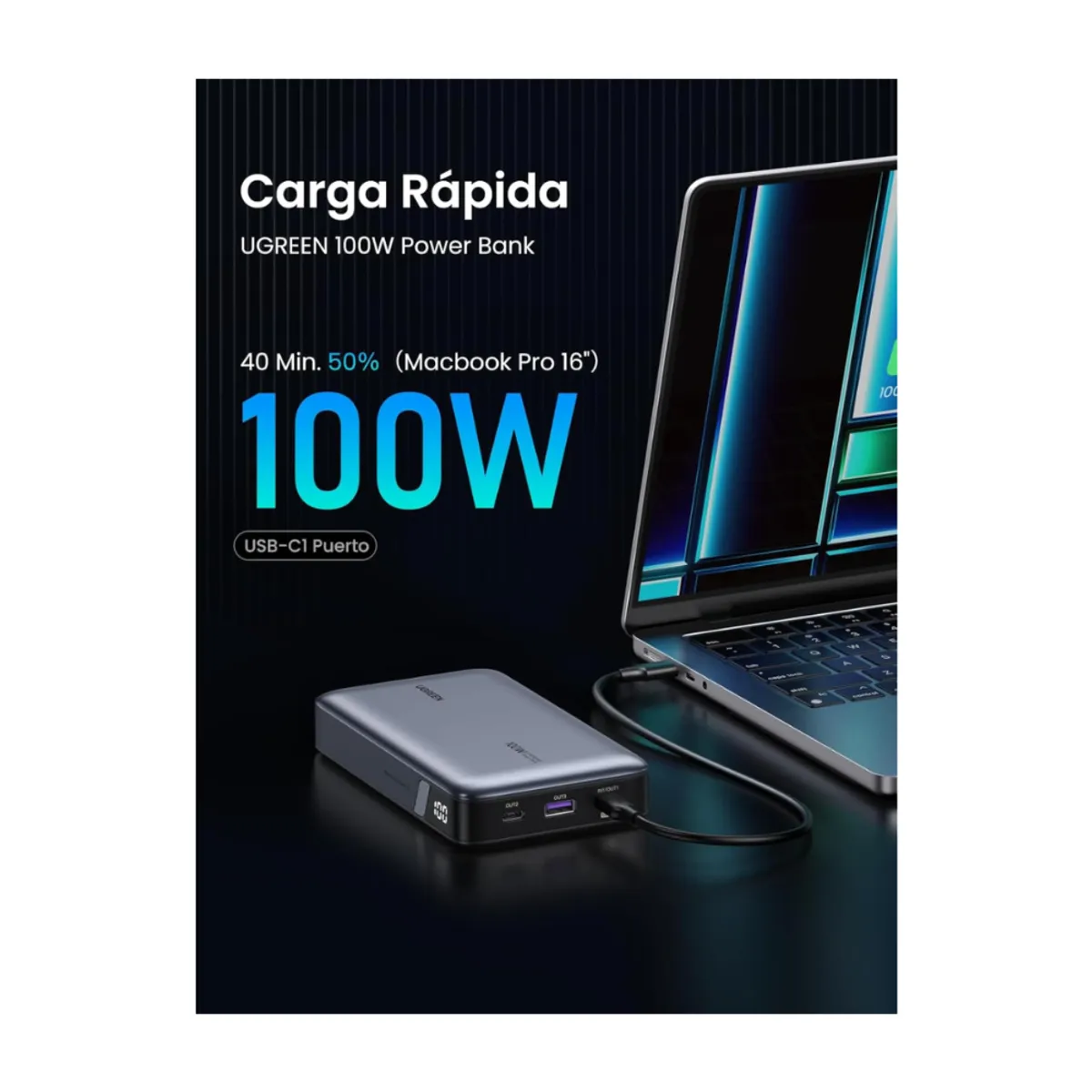 UGREEN - Power Bank UGREEN 20000mAh 100W Carga Super Rápida PB720