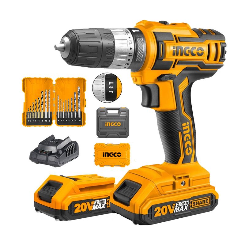 INGCO TOOLS - Taladro Percutor Atornillador 20v Ingco + Set de Brocas y Punteras