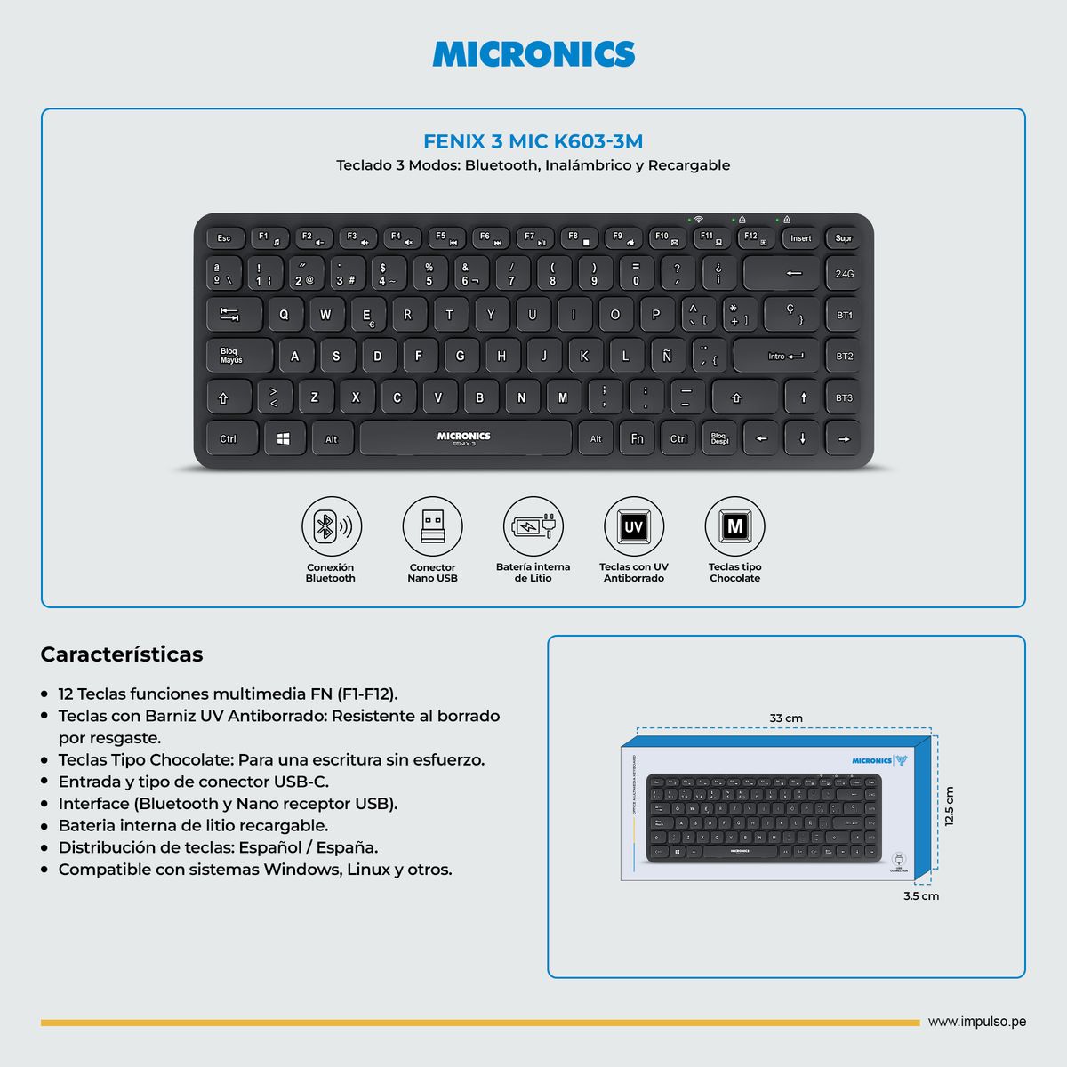 MICRONICS - Teclado Dual Wireless/Bluetooth Recargable Fenix 3 Micronics