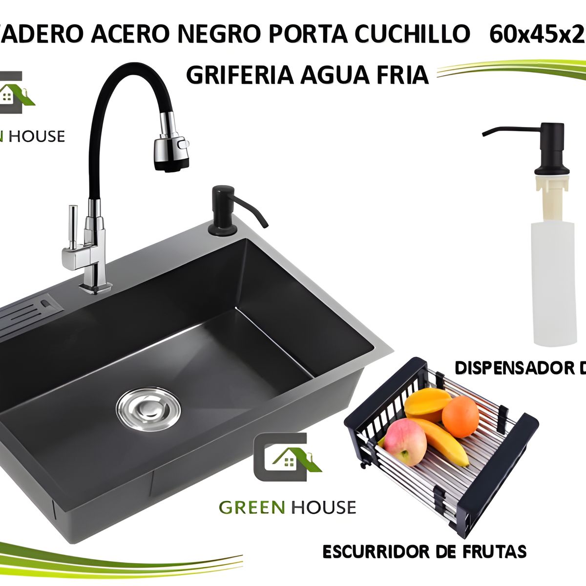 GREEN HOUSE - LAVADERO PORTA CUCHILLO ACERO NEGRO 60x45X23cm + FLEXIBLE  AGUA FRIA