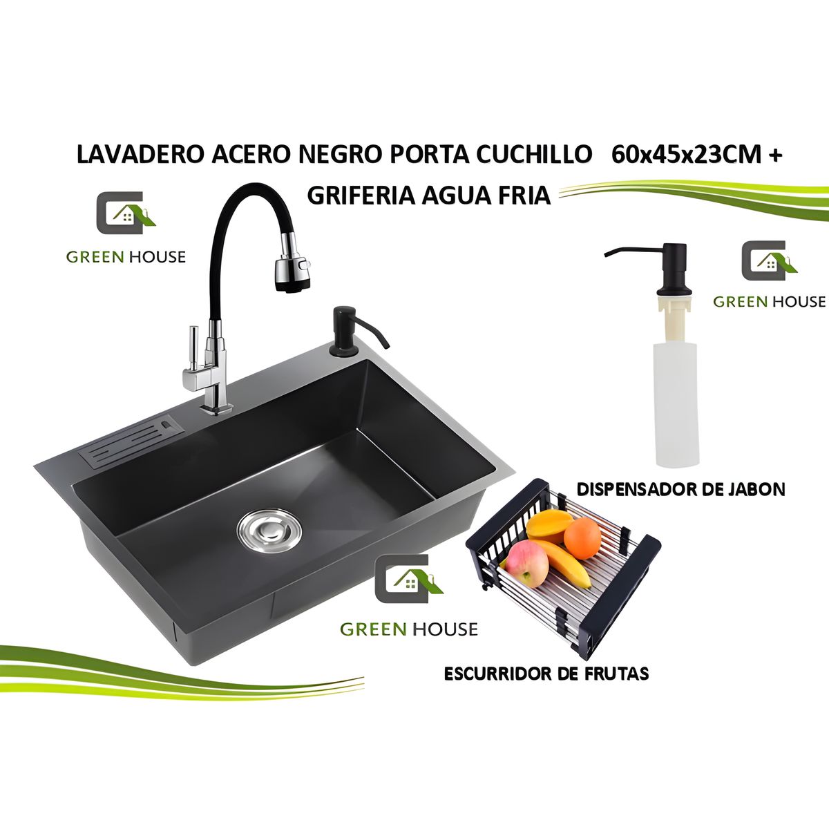 GREEN HOUSE - LAVADERO PORTA CUCHILLO ACERO NEGRO 60x45X23cm + FLEXIBLE  AGUA FRIA