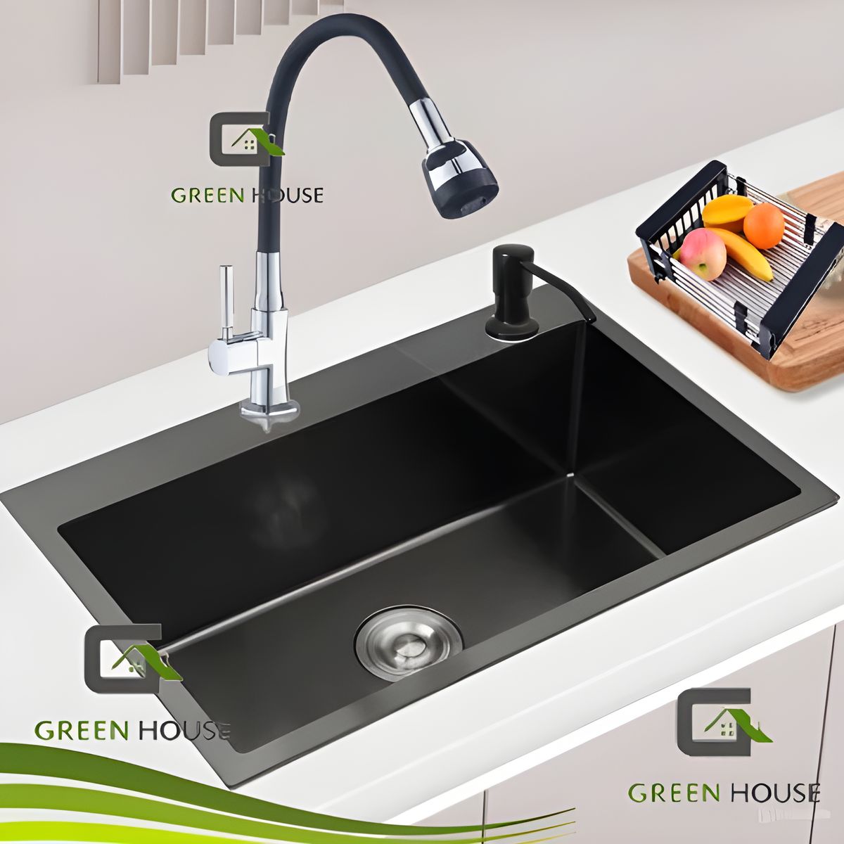 GREEN HOUSE - LAVADERO PORTA CUCHILLO ACERO NEGRO 60x45X23cm + FLEXIBLE  AGUA FRIA